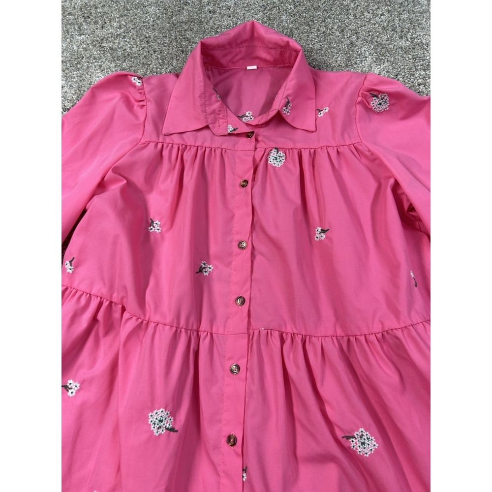 Hot Pink Embroidery Floral Daisy Printed Collared Button-Up Long Sleeve Dress Sm